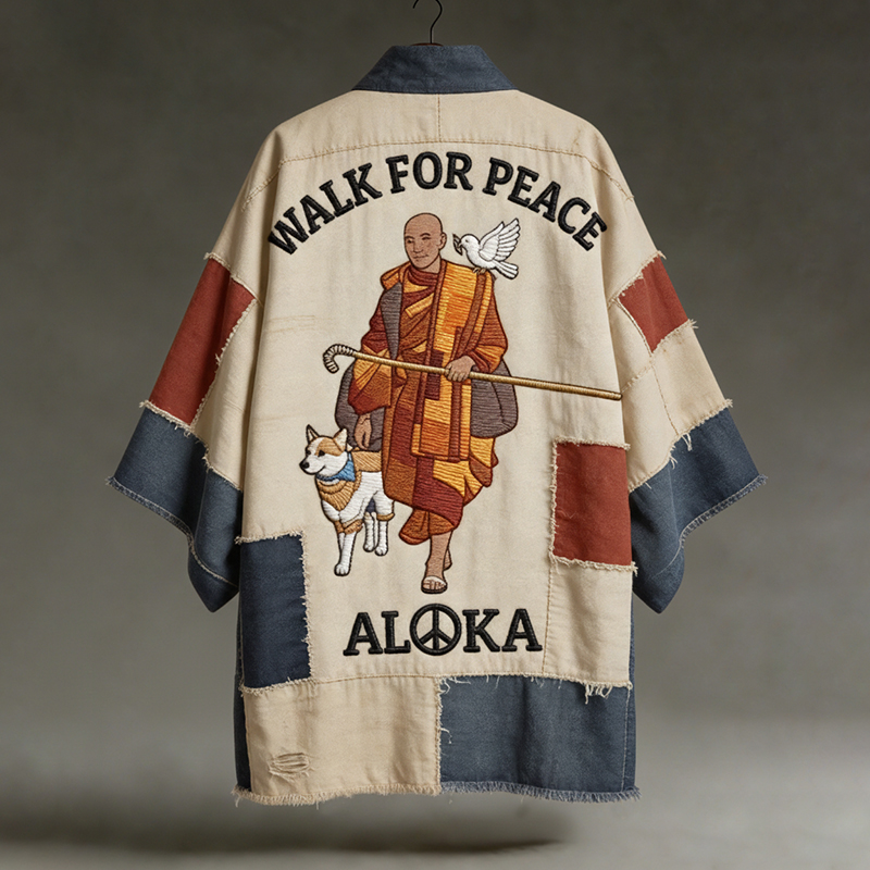 Vintage Walk For Peace Art In Patchwork Print Linen Short Kimono