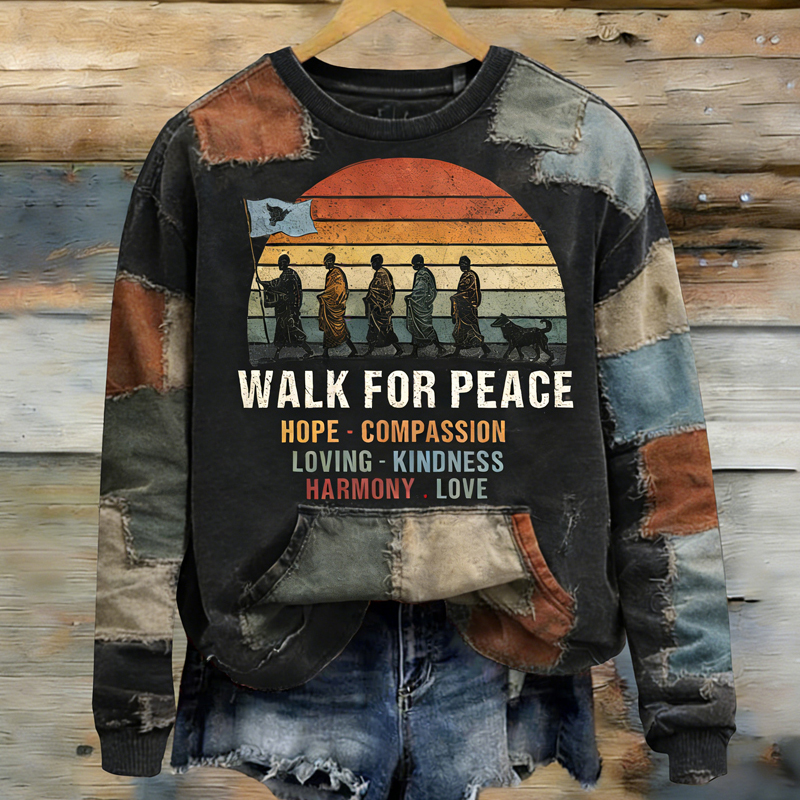 Vintage Walk For Peace Retro Patchwork Print Round Neck Sweatshirt