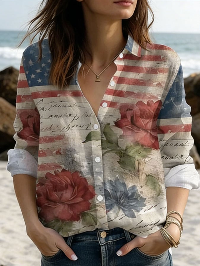 Women's Retro 250th Anniversary Print Casual Collared Shirt