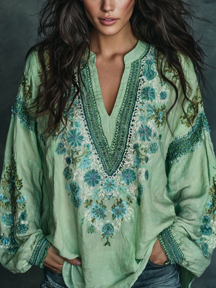 Women's Vintage Floral Embroidered Art Print Flowy Linen Blend Casual Tunic