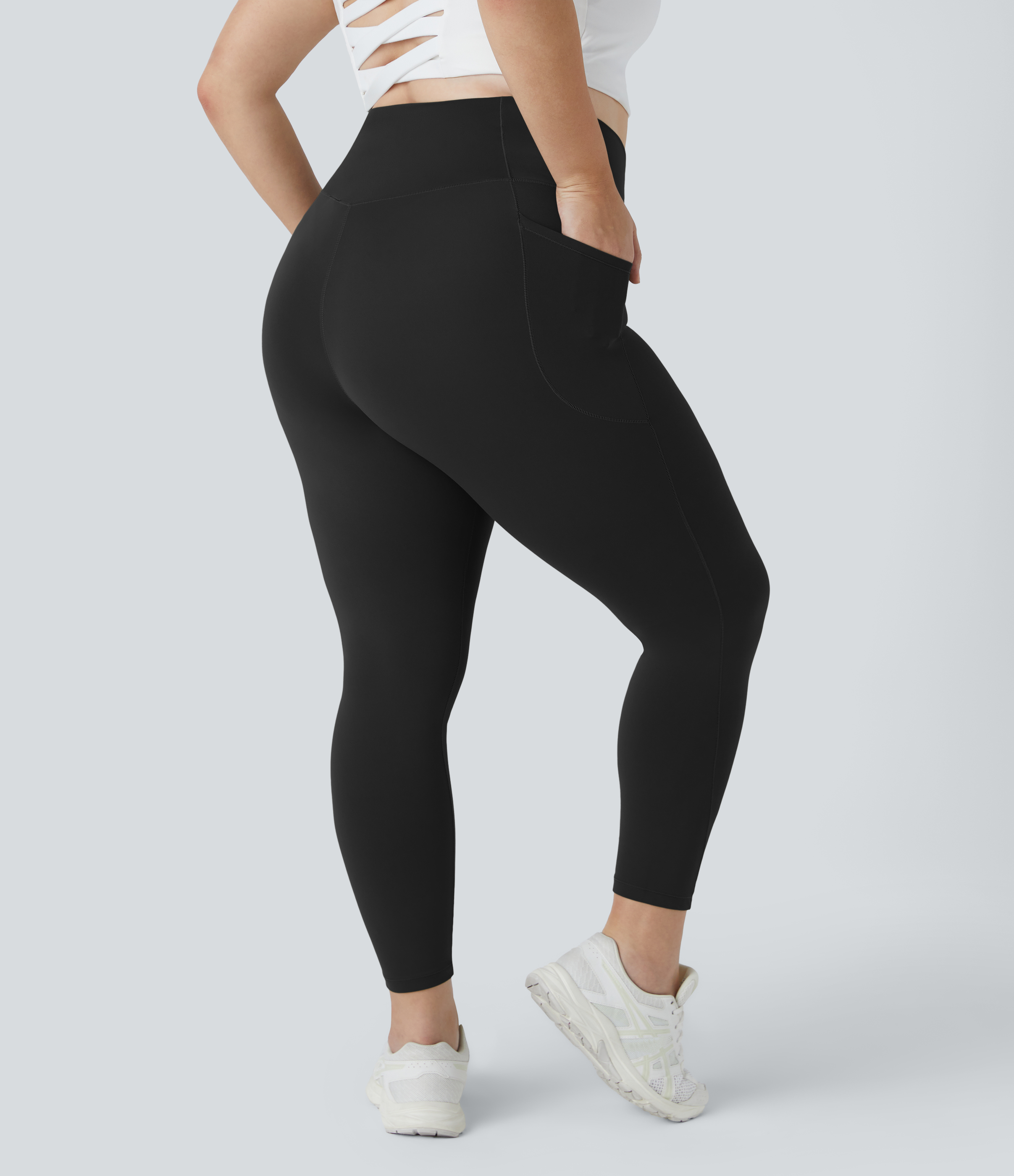 SoftlyZero™ High Waisted Crossover Pocket Plain Plus Size Full Length Leggings-UPF50+