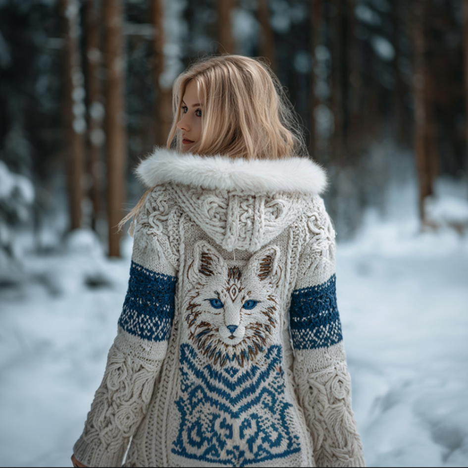 Viking Retro Cat Design Women's Hooded Knit Sweater Jacket