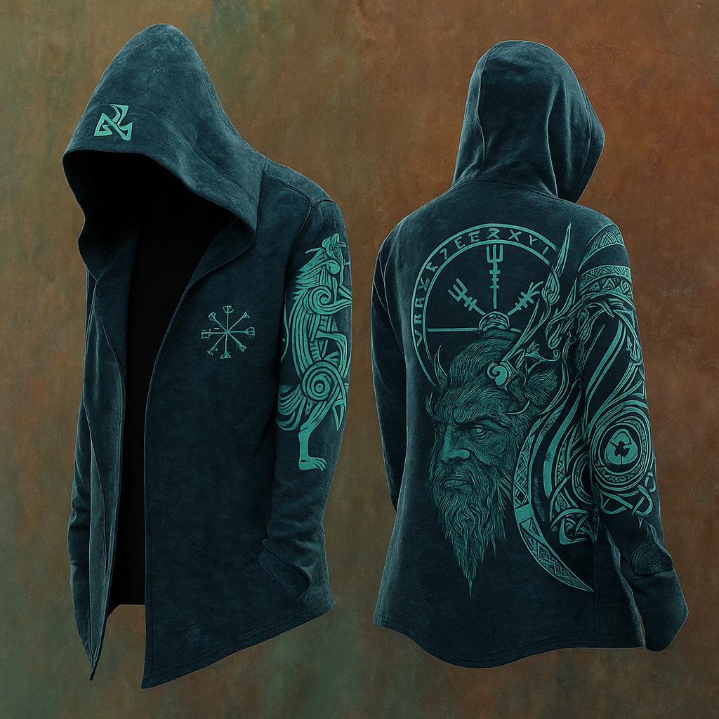 Men's Viking Mythology Wolf Fenrir Odin Totem Hooded Jacket