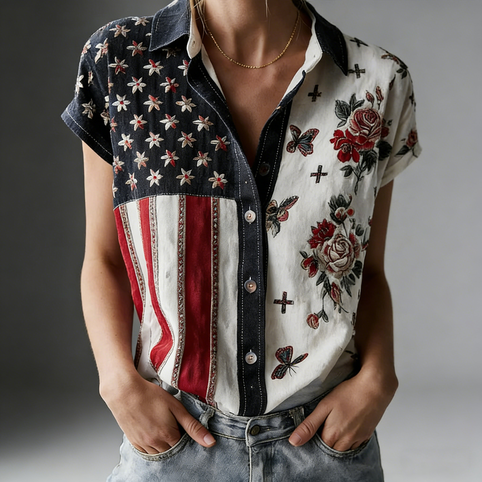 Women's American Founding 250th Anniversary Art Print Short-Sleeved Shirt