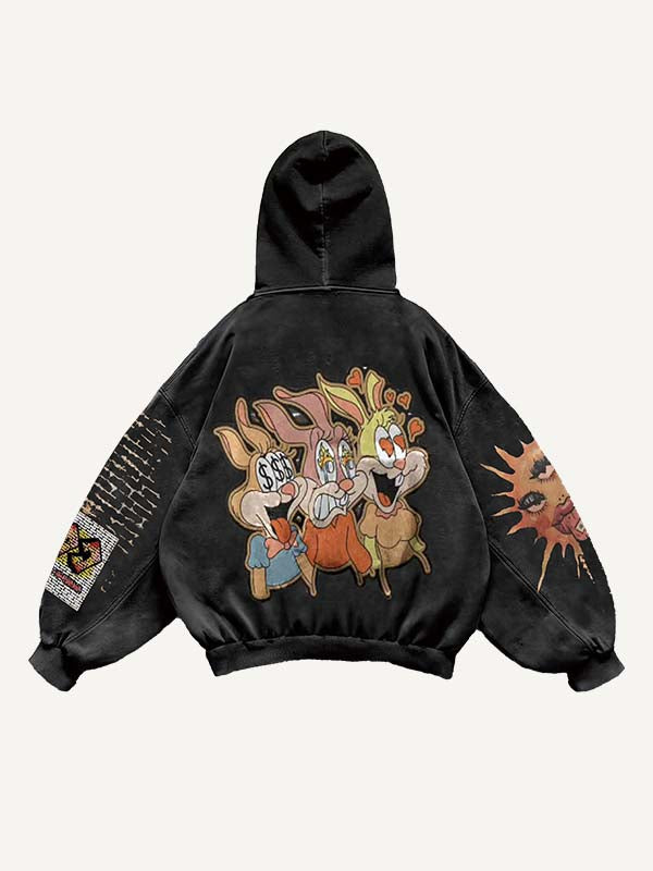 Eye&Rabbit&Heart&Sun Print Slant Pockets Hoodie