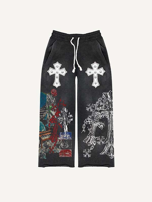 Mary&Cross&Graphic&Letter Print Elastic Waist Pants