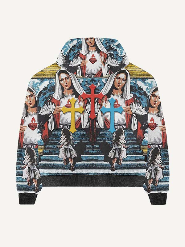 Mary&Cross&Letter&Graphic Print Zip Up Hooded Coat