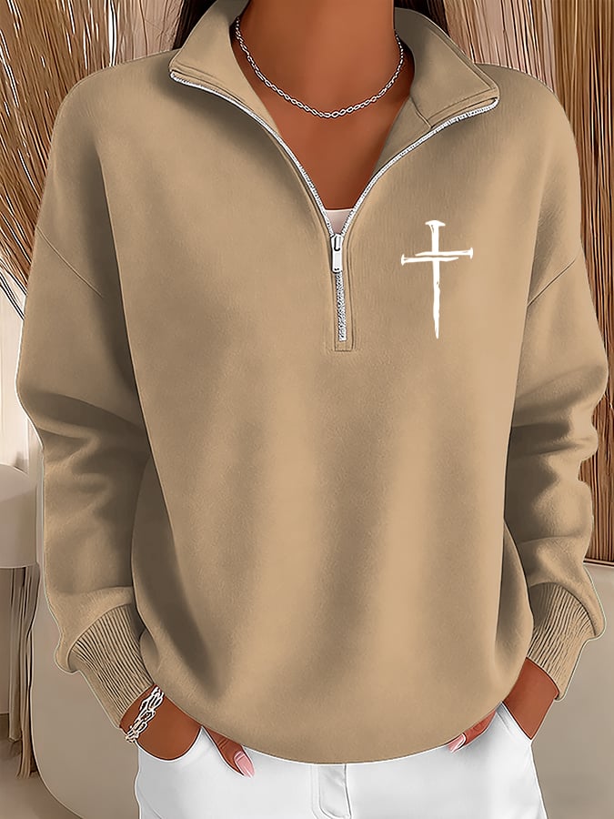 Women's Retro Faith Cross Design Printed Zipper Stand Collar Sweatshirt