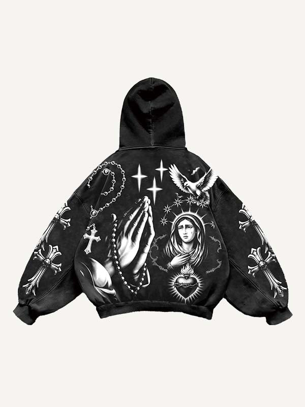 Mary&Cross&Pray&Letter Print Slant Pockets Hoodie