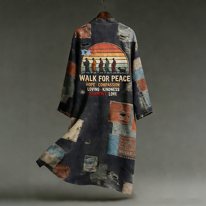 Vintage Peace For Walk Art In Patchwork Print Linen Long Kimono