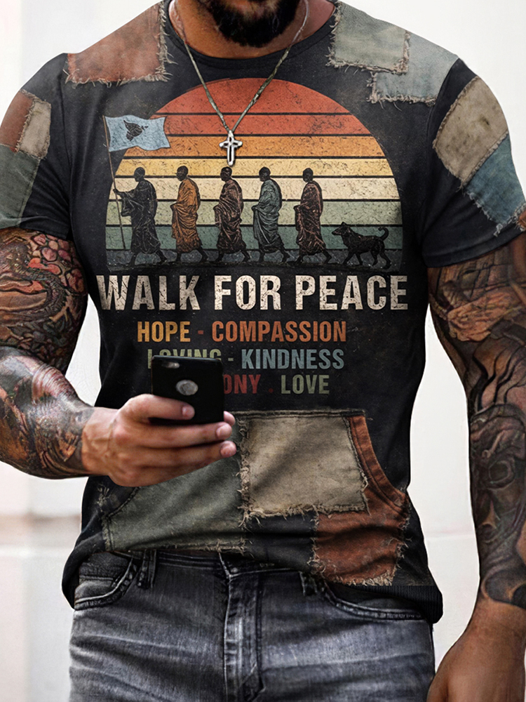 Men's Walk For Peace In Patchwork  Printed  T-shirt
