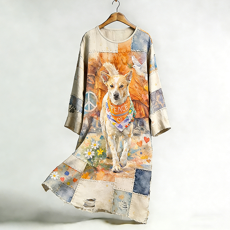 Women's Retro Walk For Peace Monk Aloka Dog Linen Dress