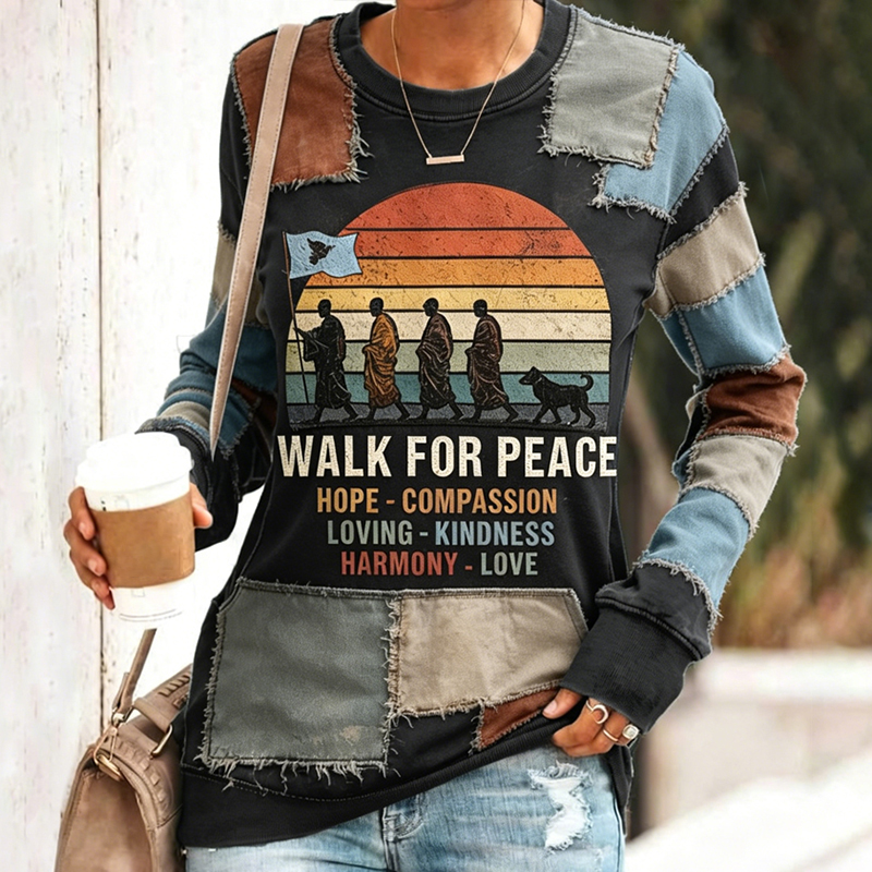 Walk For Peace In Patchwork Art Embroidered Casual Sweatshirt