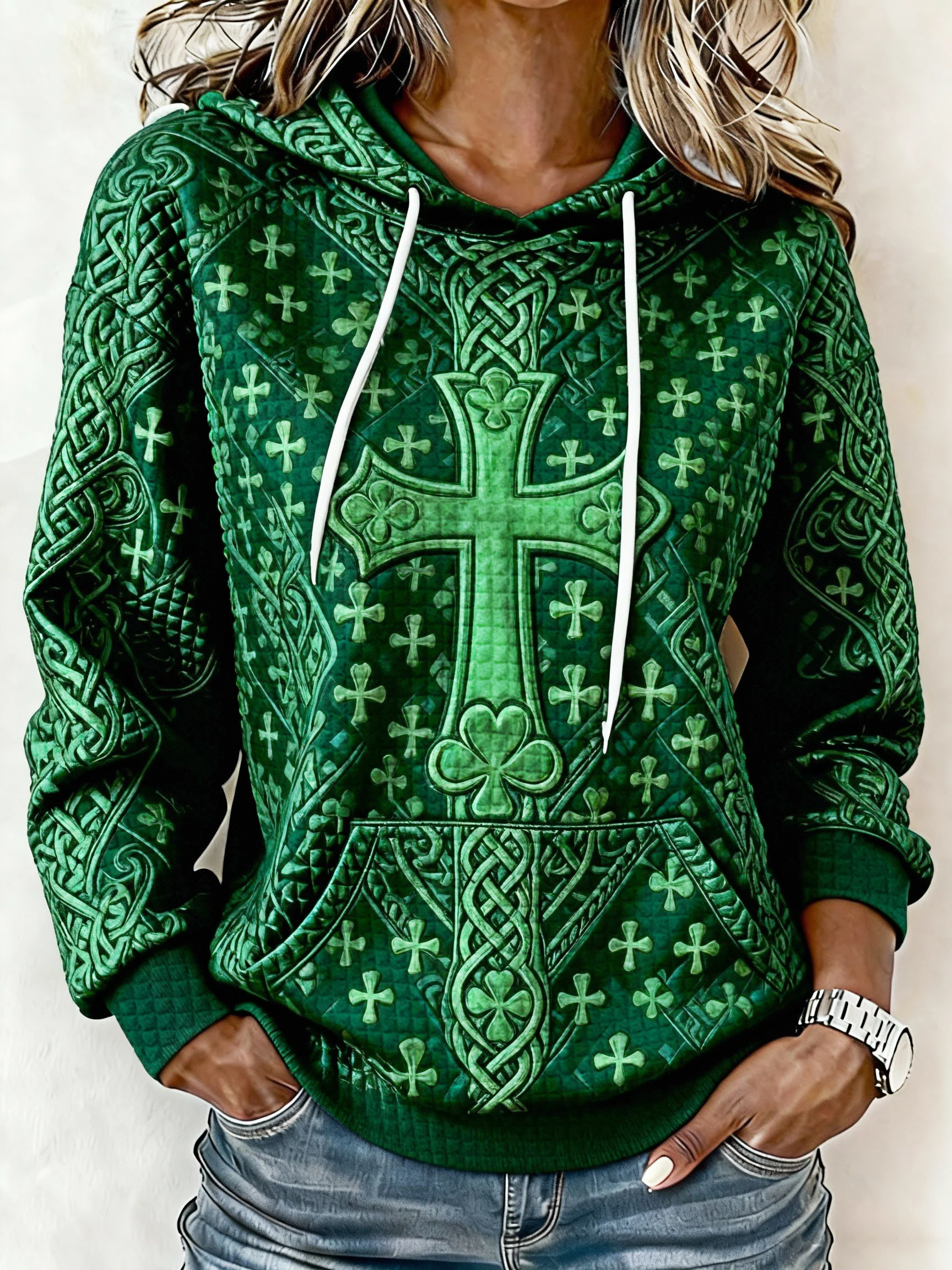 Women's St. Patrick's Day Printed Waffle Knit Hoodie