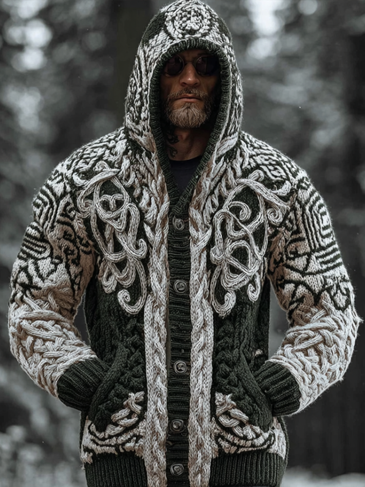 Viking Style Winter Men's Warm Hooded Knit Sweater Jacket