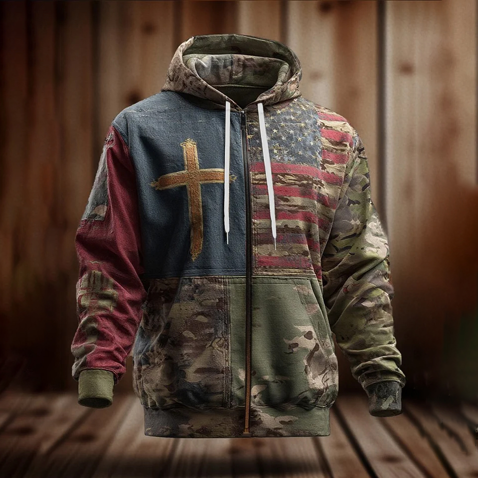 Men's Vintage Casual Faith American Flag Zip Hoodie