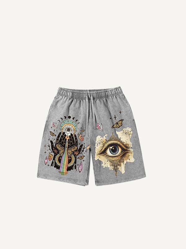 Distressed   Eye&Moon&Palm&Butterfly&Graphic Print Drawstring Waist Shorts
