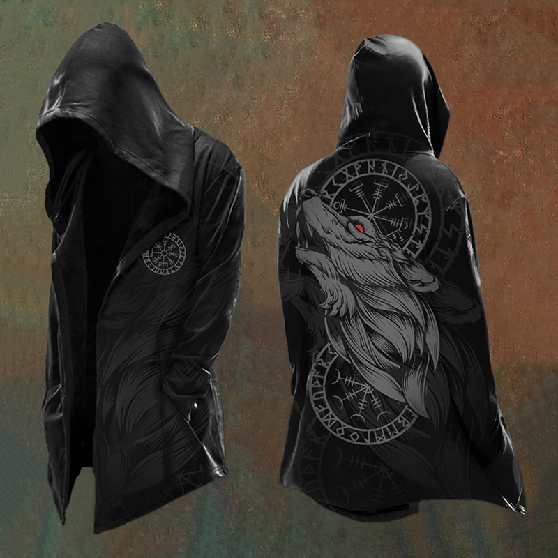 Men's Viking Mythology Wolf Print Vintage Hooded Jacket