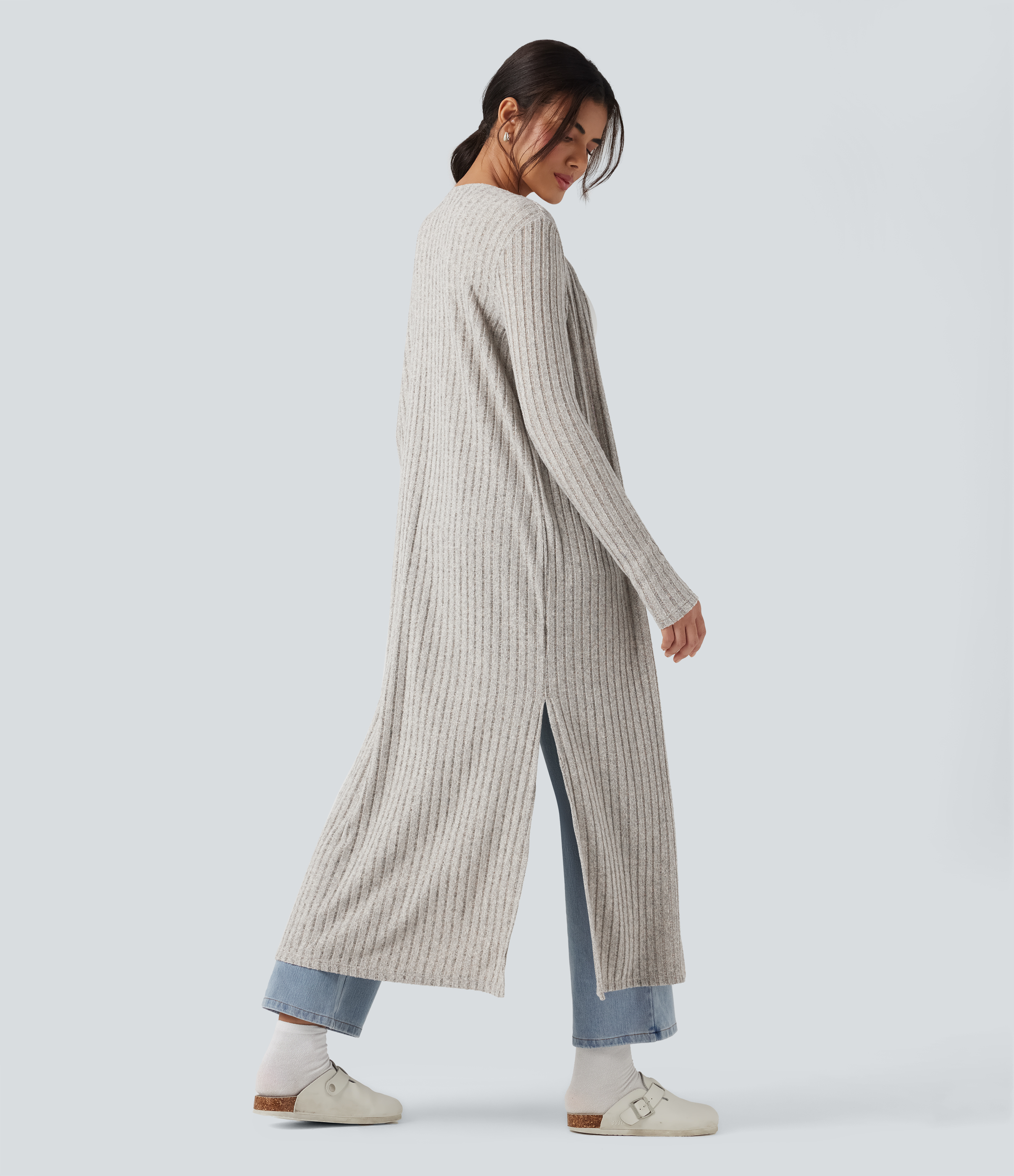 Ribbed Knit Long Sleeve Split Casual Longline Coat