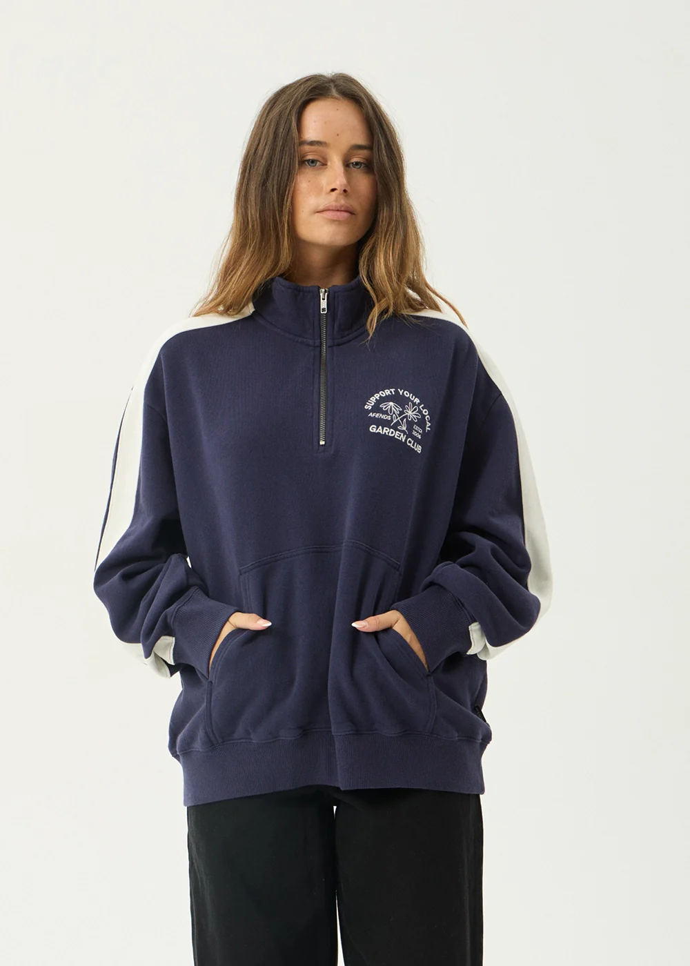 AFENDS Womens Community Garden - Quarter Zip Jumper - Washed Deep Sea