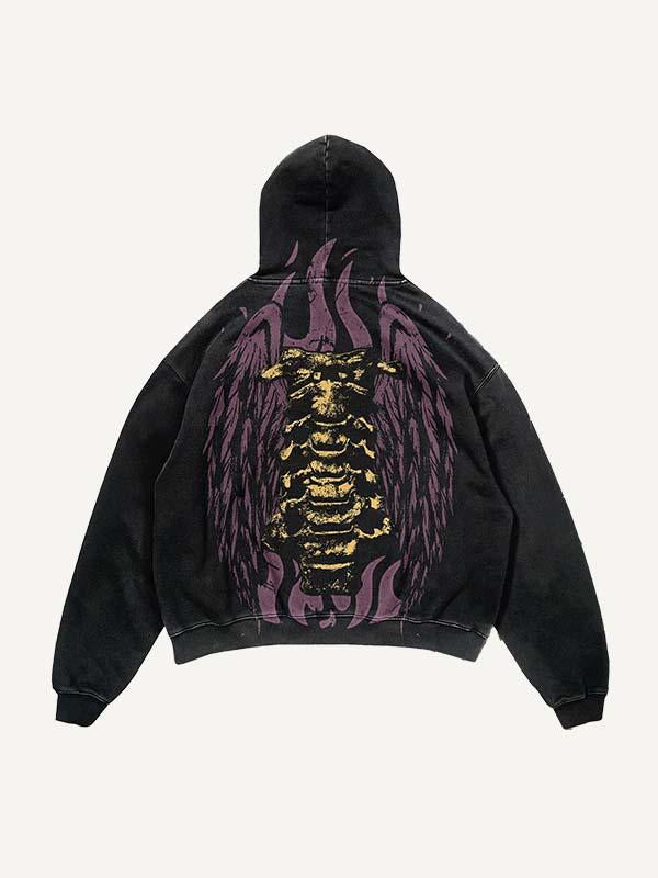 Skeleton&Wing&Fire Print Slant Pockets Hoodie