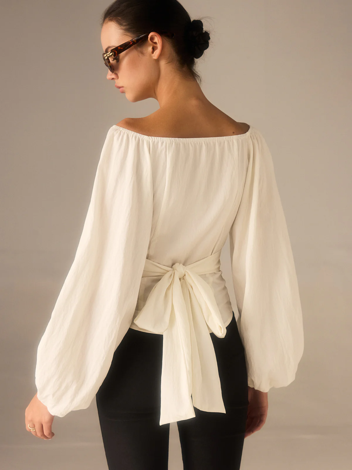 Off-Shoulder Lantern-Sleeve Top with Bow Back