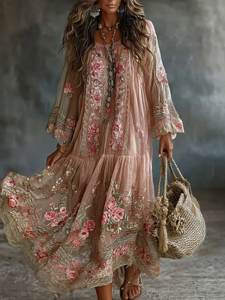 Women's Floral Art Flowy Linen Blend Casual Long Sleeve Maxi Dress