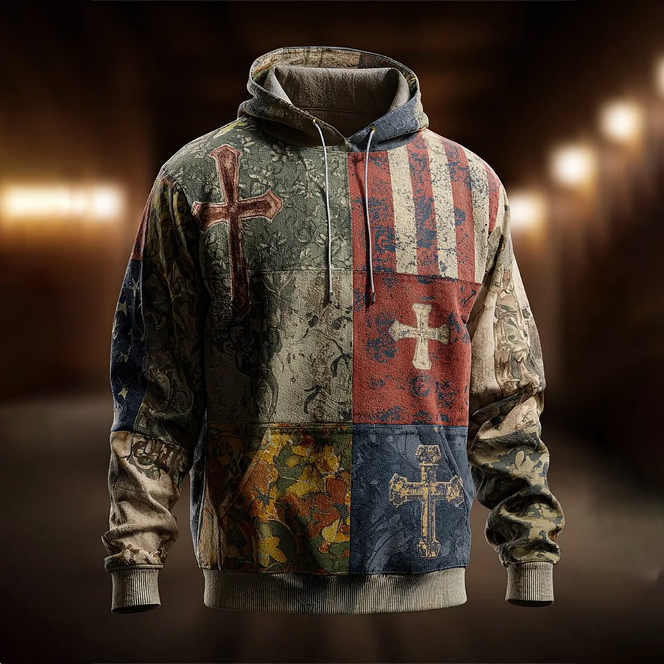 Men's Vintage Casual American Flag Cross Faith Hoodie