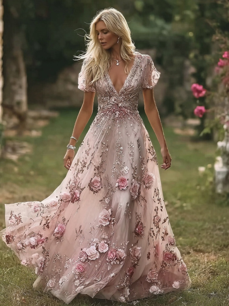 Vintage Boho Pink Roses Art V Neck Flowy Maxi Dress