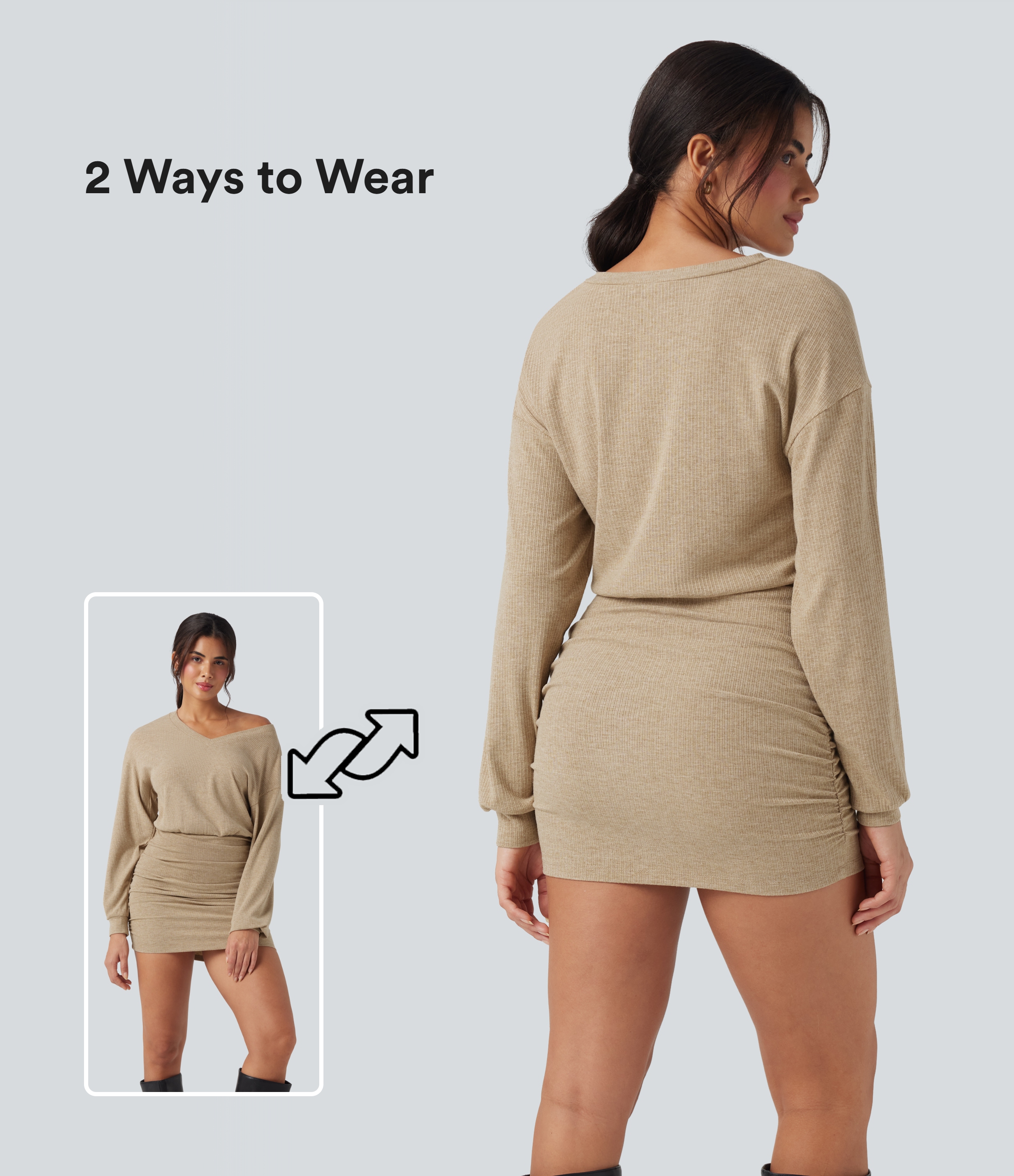 Ribbed Knit V-neck Long Sleeve Ruched Bodycon Mini Casual Dress