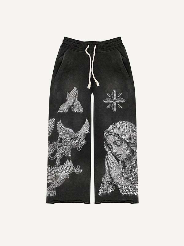Mary&Pray&Pigeon&Letter Faux Rhinestones Print Elastic Waist Pants