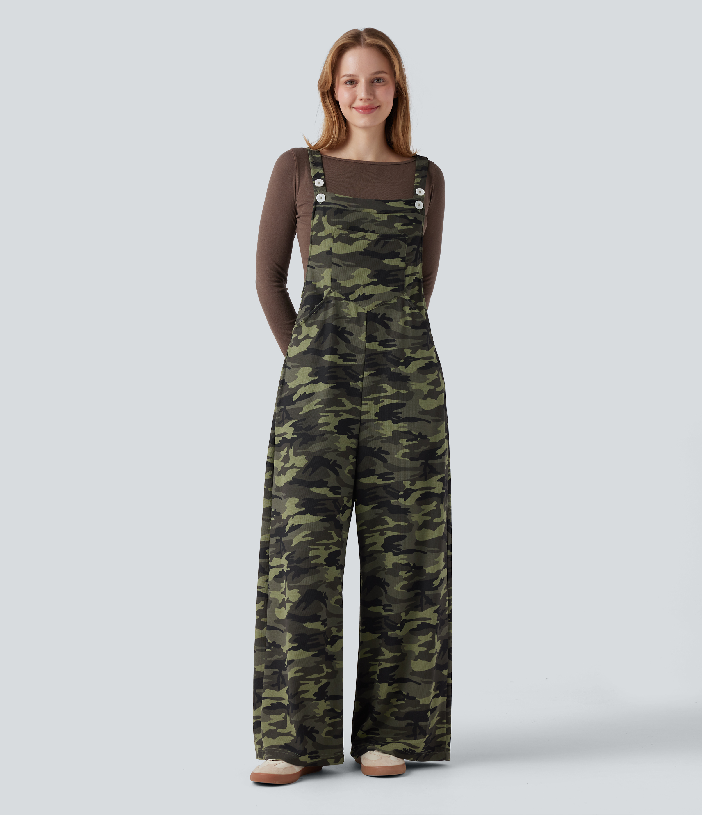 Camo Waffle Casual Overalls with Pockets
