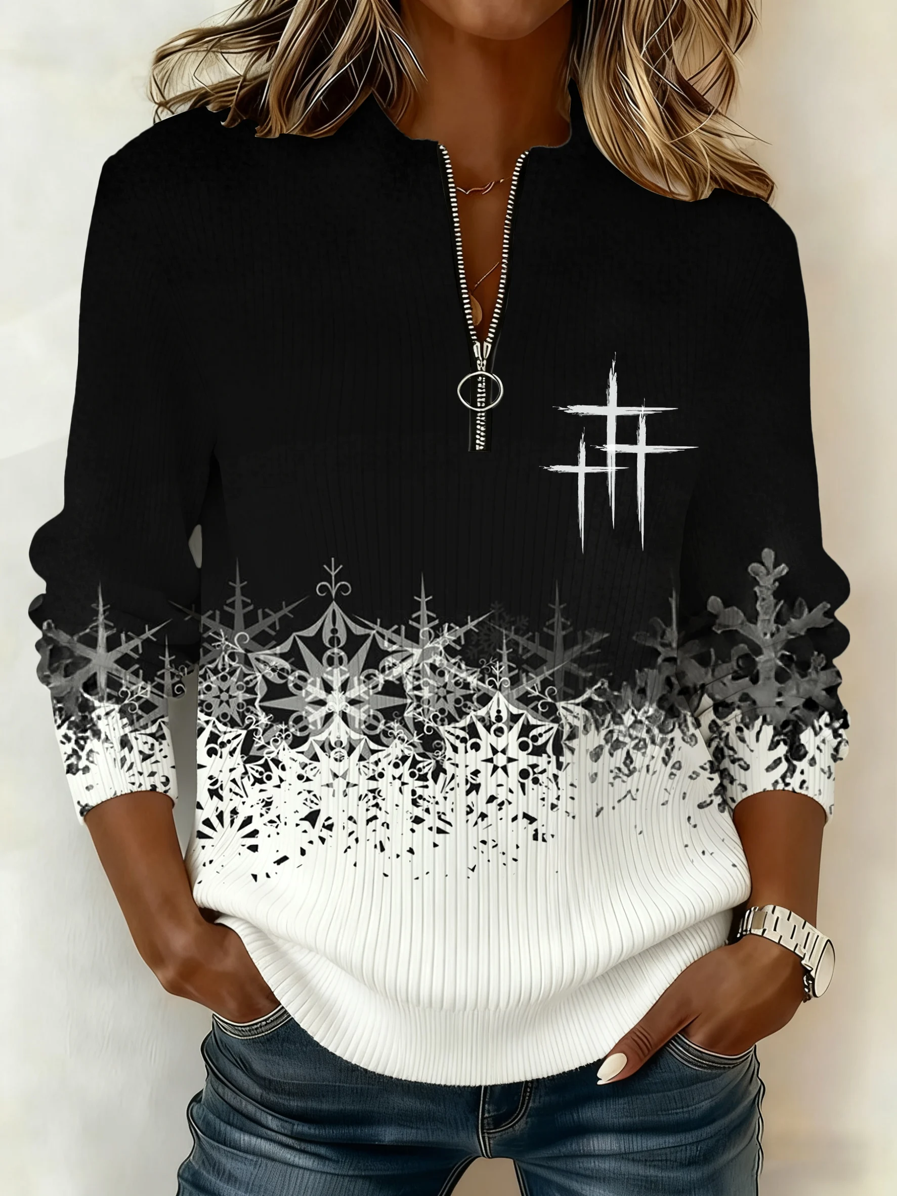 Women'S Casual Faith-Themed Christmas Print Long-Sleeved Zip-Up Top-Fast Shipping