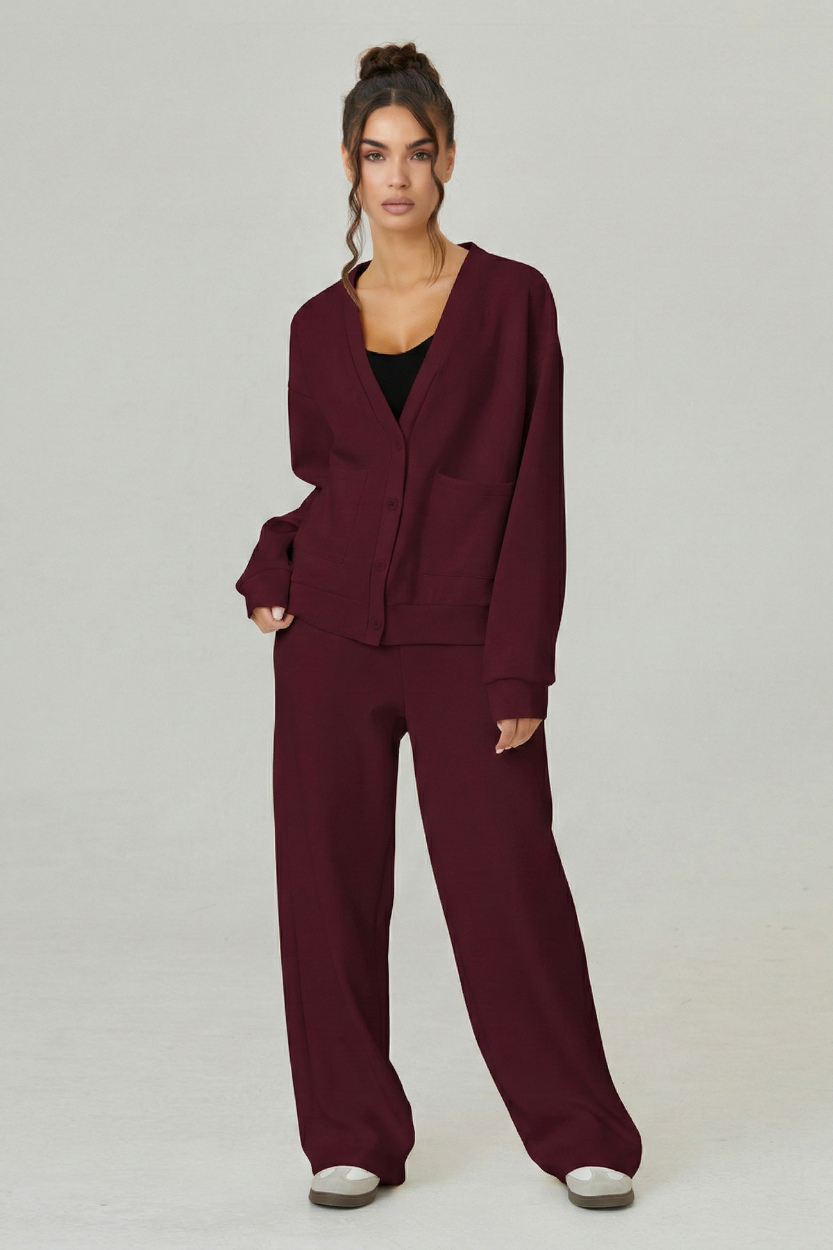 KatchMe Cozy V Neck Button Cardigan & Wide Leg Trousers Trousers Co-ord