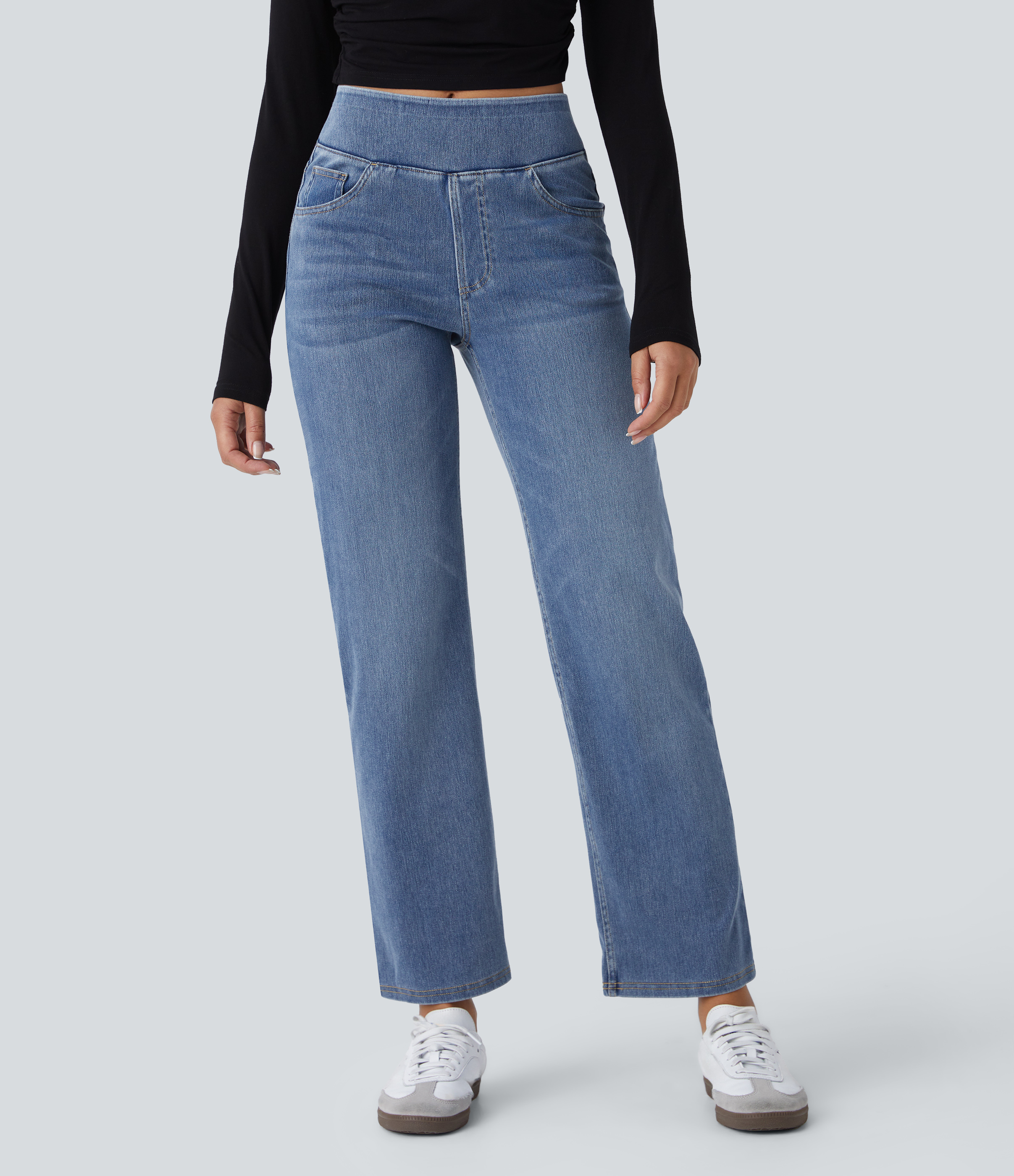 Halara Flex™ High Waisted Pockets Straight Leg Washed Casual Jeans