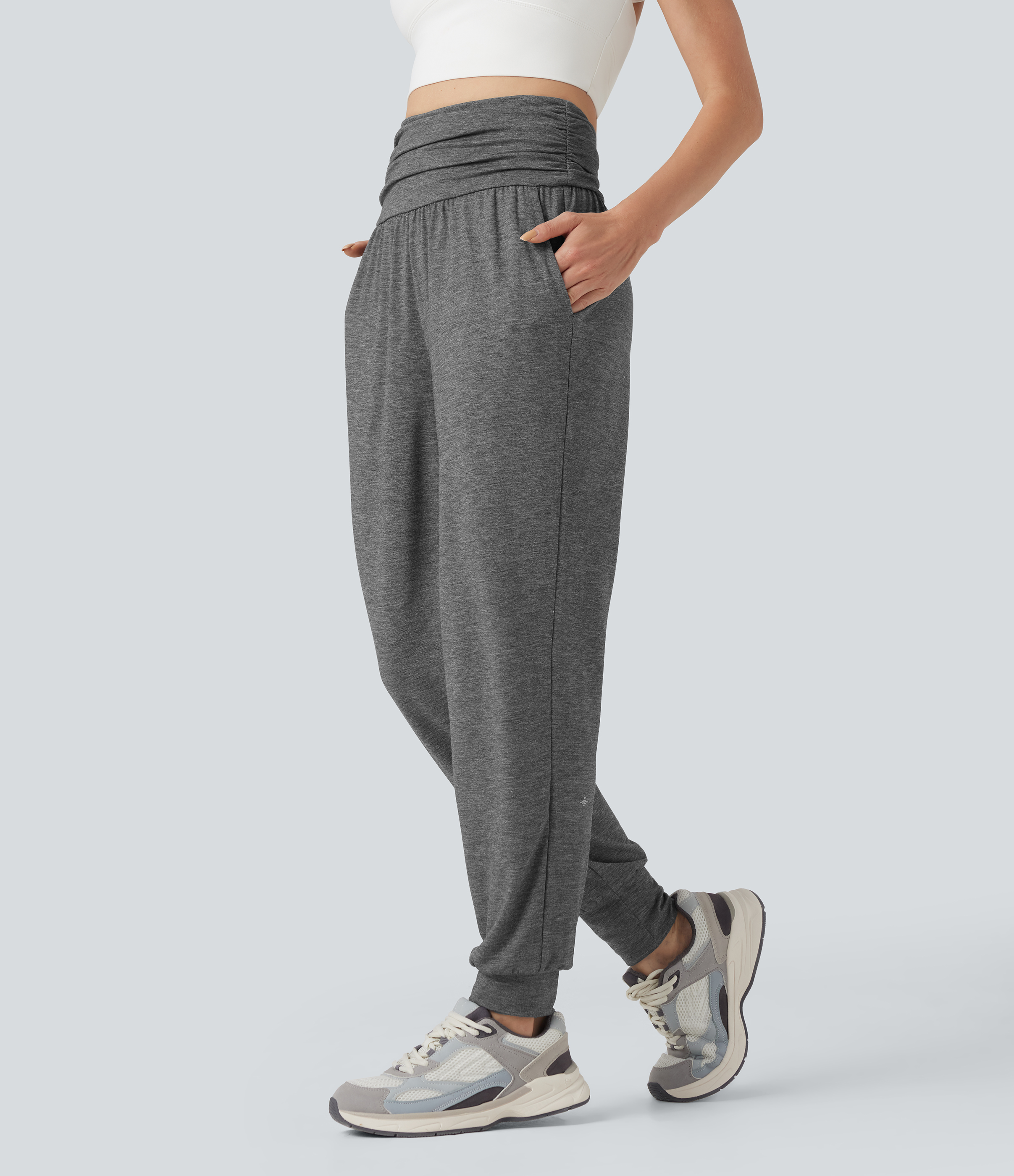 High Waisted Ruched Heathered Yoga Joggers with Pockets