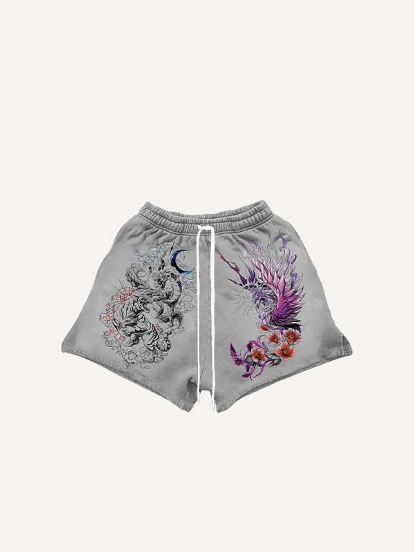 Dragon&Tiger&Phoenix&Moon&Graphic Print Drawstring Waist Shorts