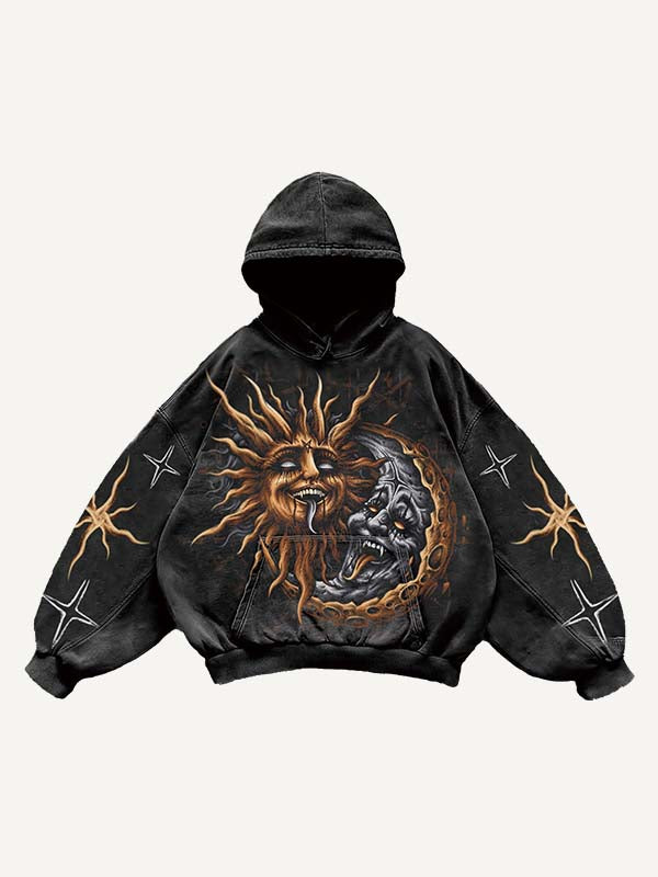 Evil Sun&Moon Print Slant Pockets Hoodie