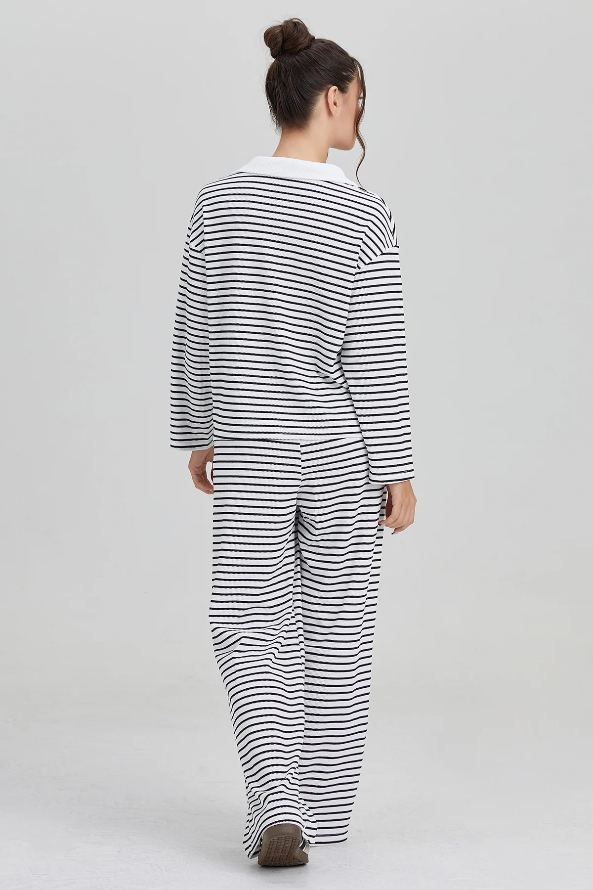KatchMe Classic V-Neck Stripe Long Sleeve Top & Wide Leg Trousers Co-ord