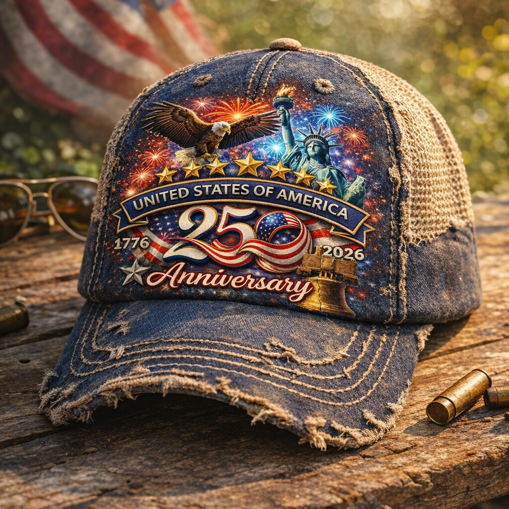 USA 250th Anniversary Vintage Distressed Denim Trucker Hat – 1776–2026 Patriotic Embroidered Eagle & Statue of Liberty Baseball Cap