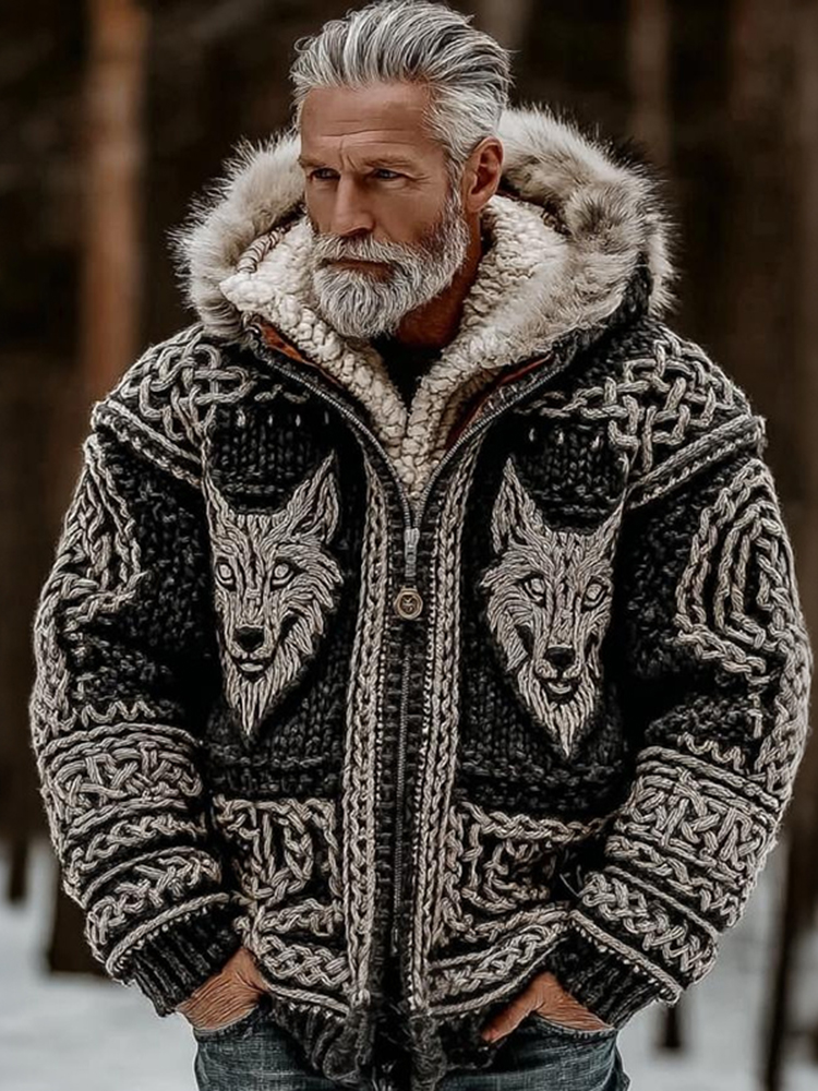Men's Viking Wolf Celtic Knot Art Cozy Fur Collar Knit Hooded Sweater Jacket
