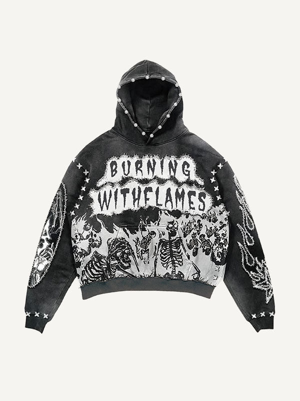 Skeleton&Fire&Eye&Graphic&Letter Faux Decal Faux Rhinestones Print Slant Pockets Hoodie