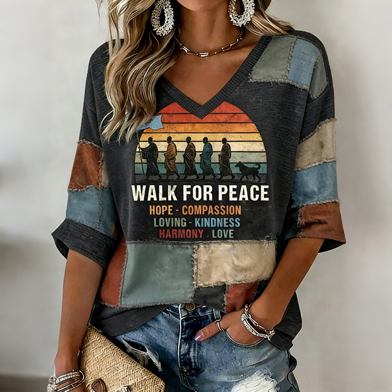 Vintage Walk For Peace In Patchwork Art Embroidered Print T-shirt