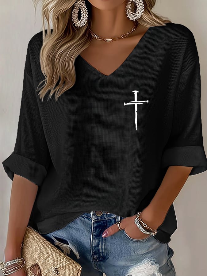 Women's Retro Faith Cross Design Printed Waffle Long Sleeve T-Shirt