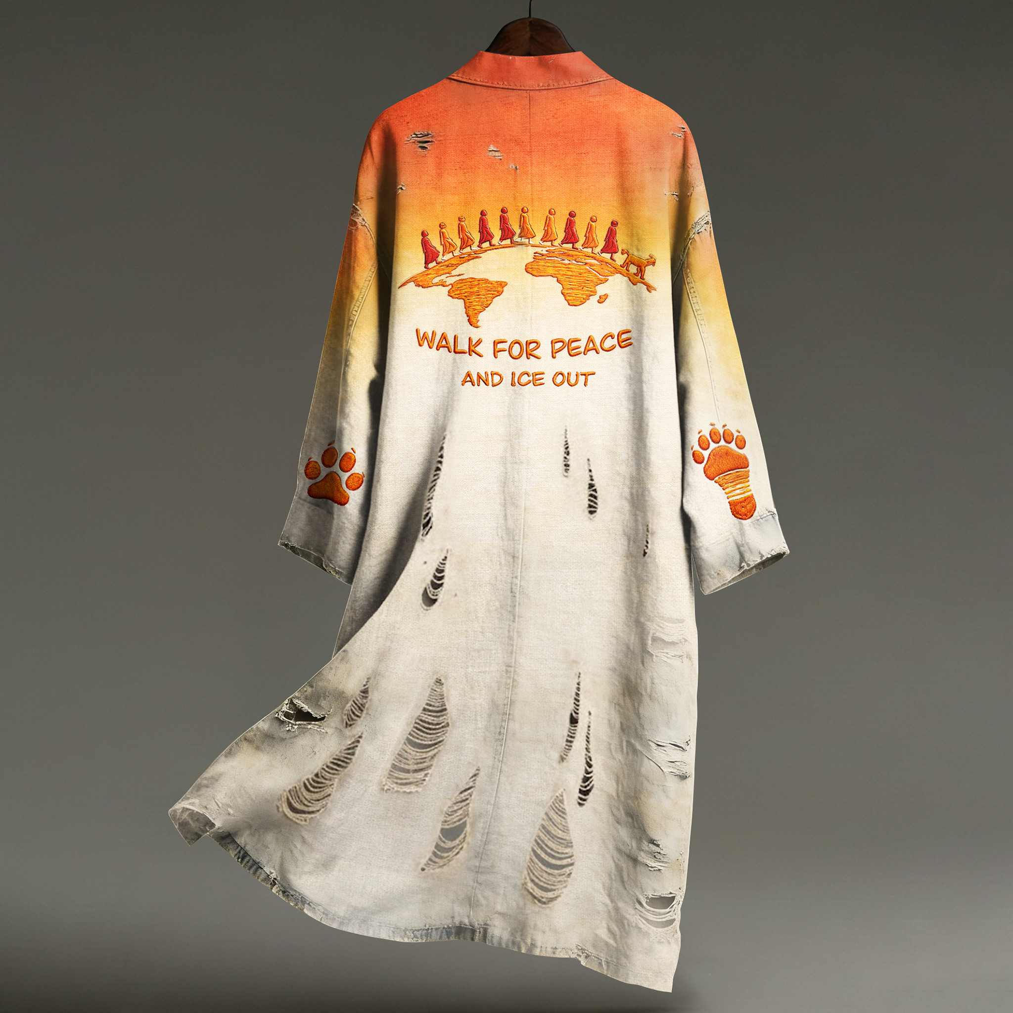 Vintage Peace For Walk And Ice Out Art In Gradient Print Linen Long Kimono