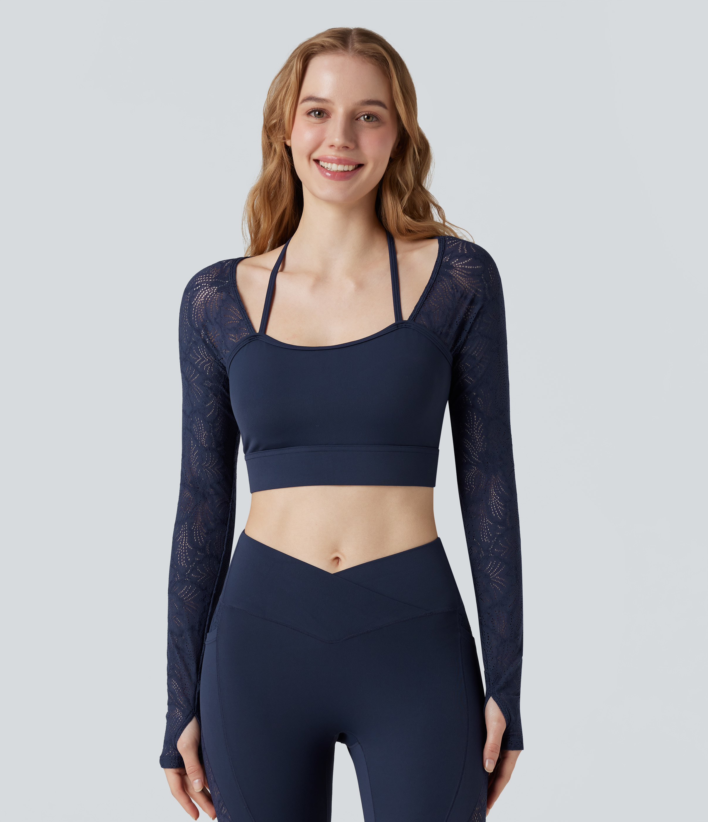 SoftlyZero™ Contrast Lace Halter Long Sleeve Thumb Holes Cropped Yoga Top
