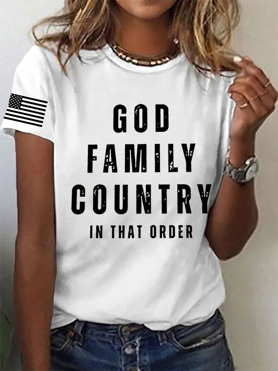 Women's God Family Country In That Order  Flag Print Tee