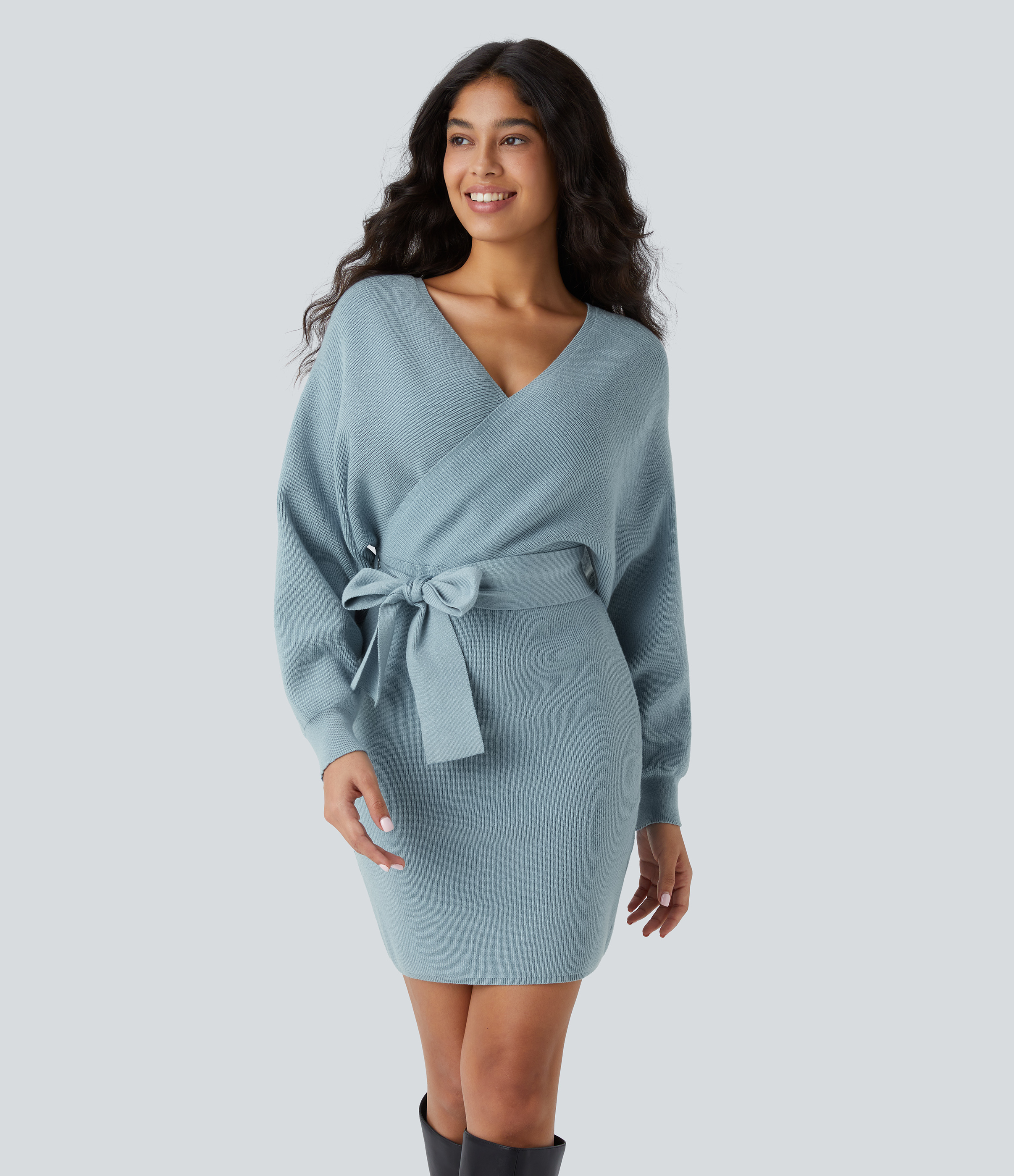 Crossover V Neck  Batwing Long Sleeve Belted Mini Casual Sweater Dress