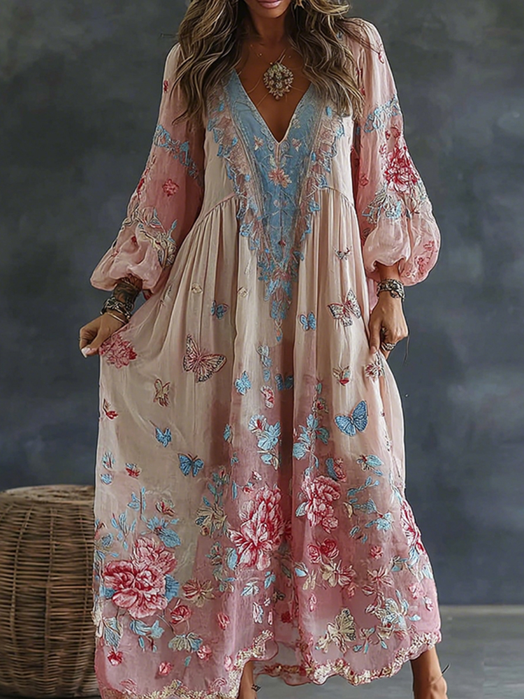 Women's Floral And Butterfly Art Print Flowy Linen Blend Casual V Neck Maxi Dress