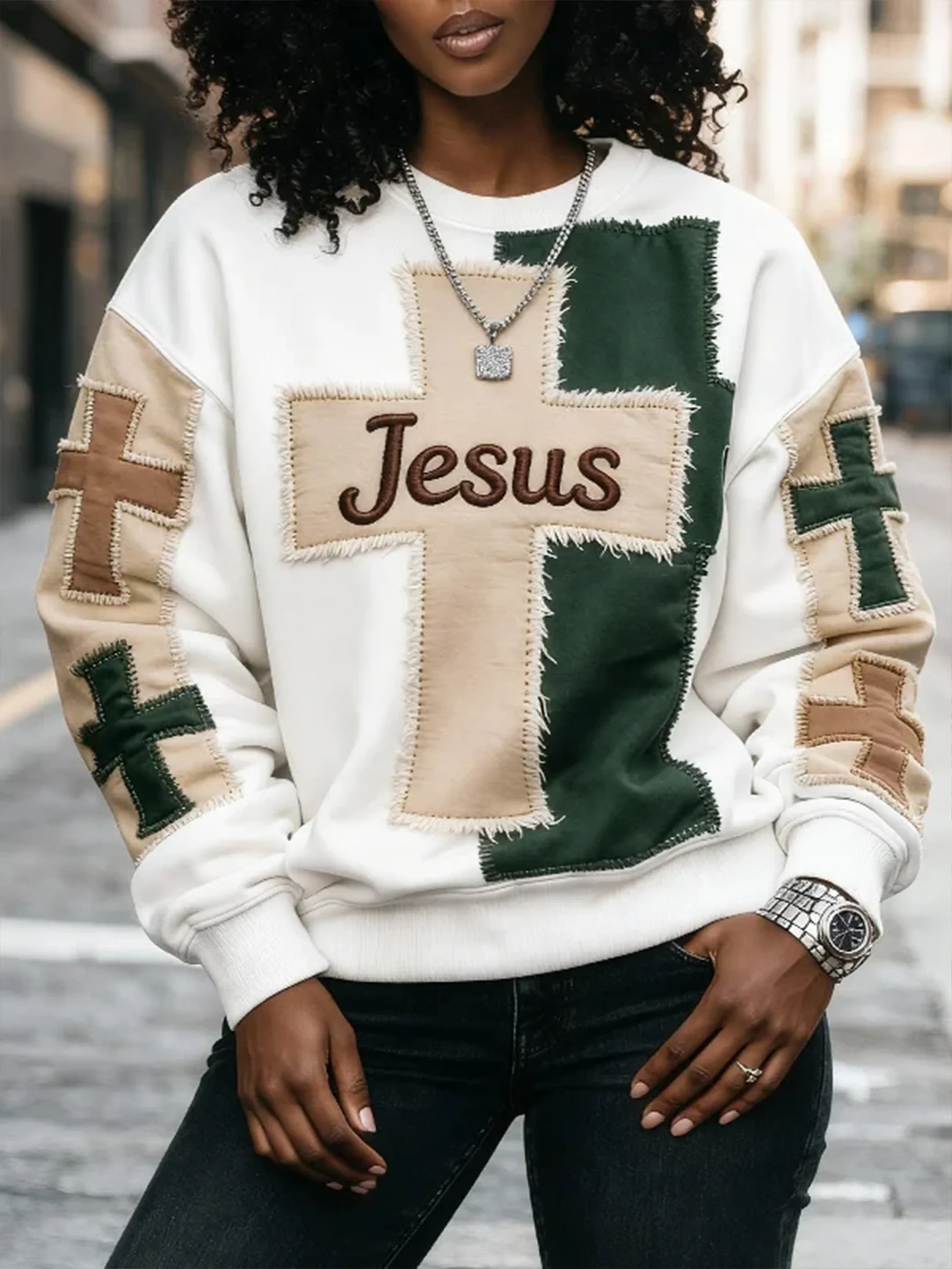 Women's Jesus Faith Cross Geometric Color Block Print Casual Sweatshirt-Fast Shipping